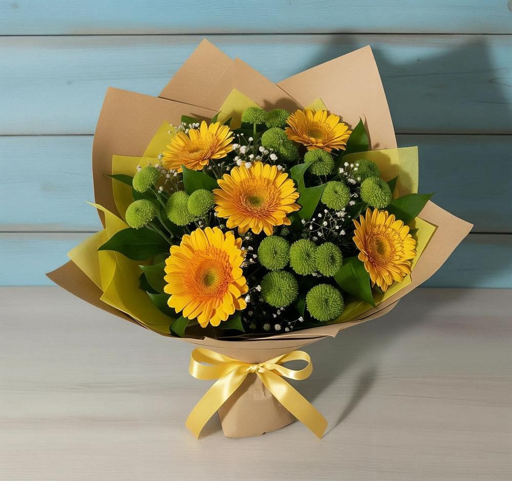 Букет цветов из: Герберы и Хризантемы в Бикине