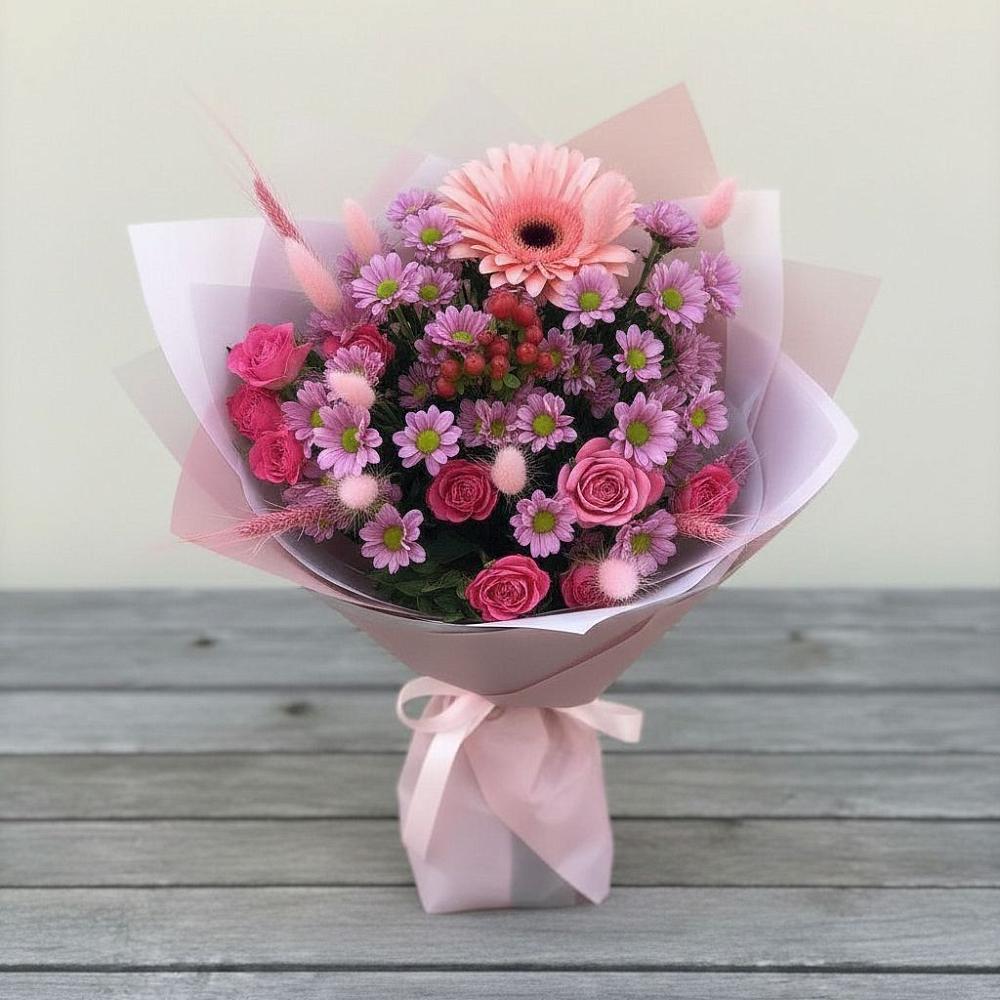 Букет цветов из: Розы, Герберы и Хризантемы в Бикине