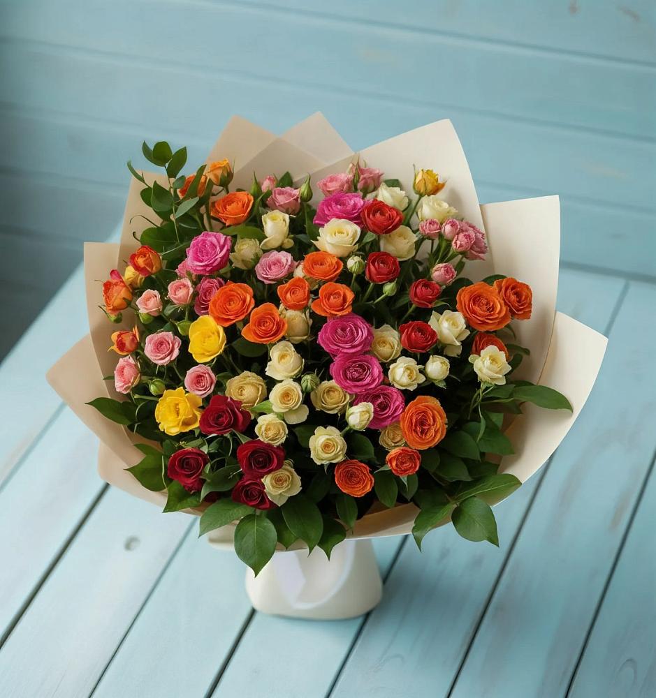 Букет Микс из разноцветных кустовых роз в Бикине