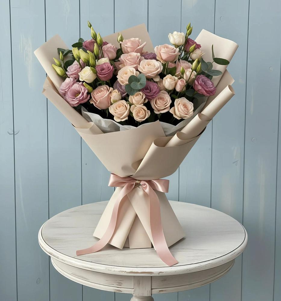 Букет цветов из: Розы и Лизиантусы в Бикине