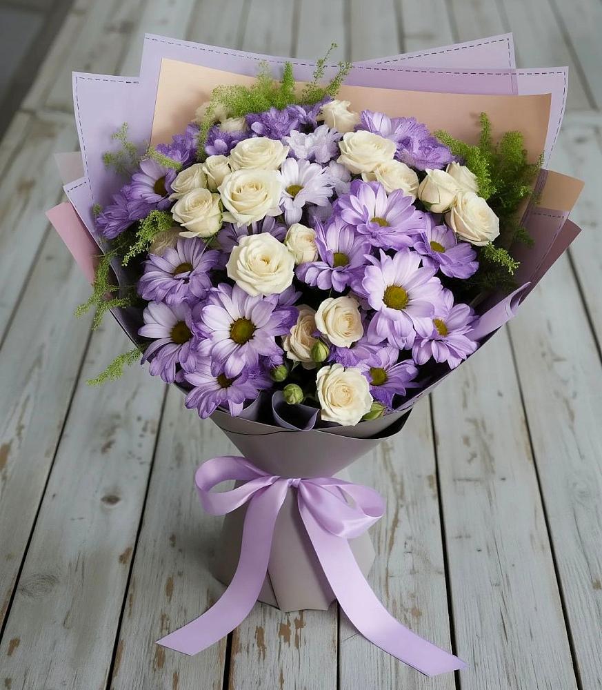 Букет цветов из: Хризантемы и Розы в Бикине