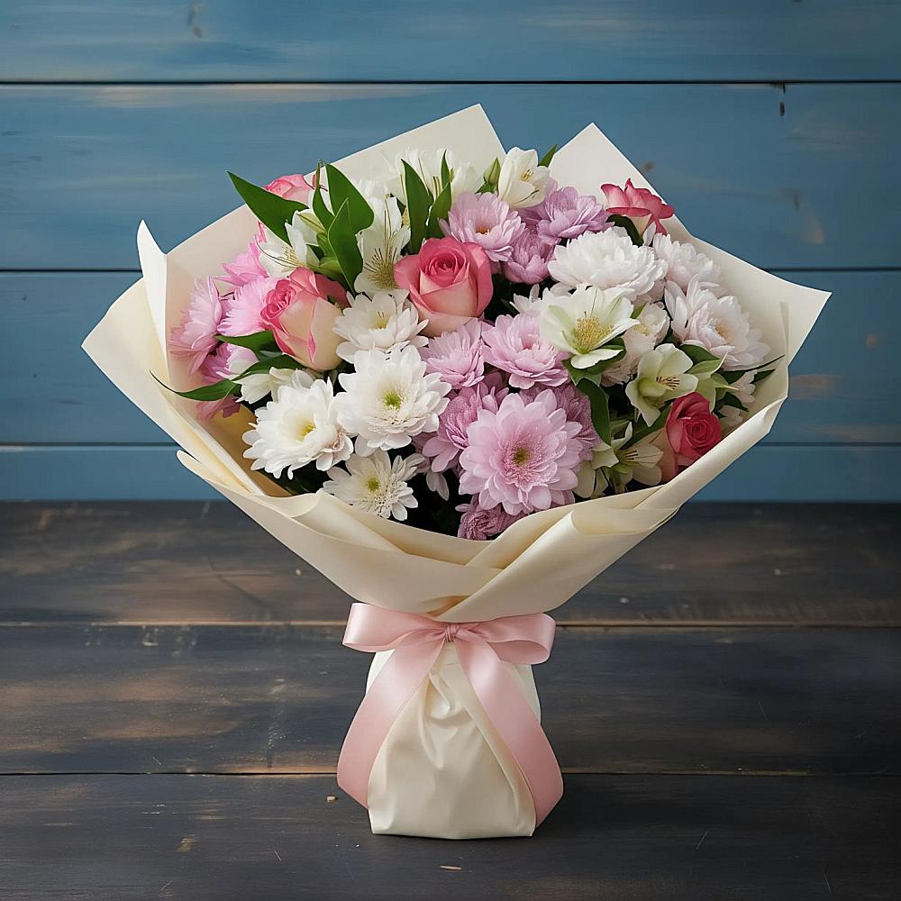 Букет цветов из: Хризантемы, Альстромерии и Розы в Бикине